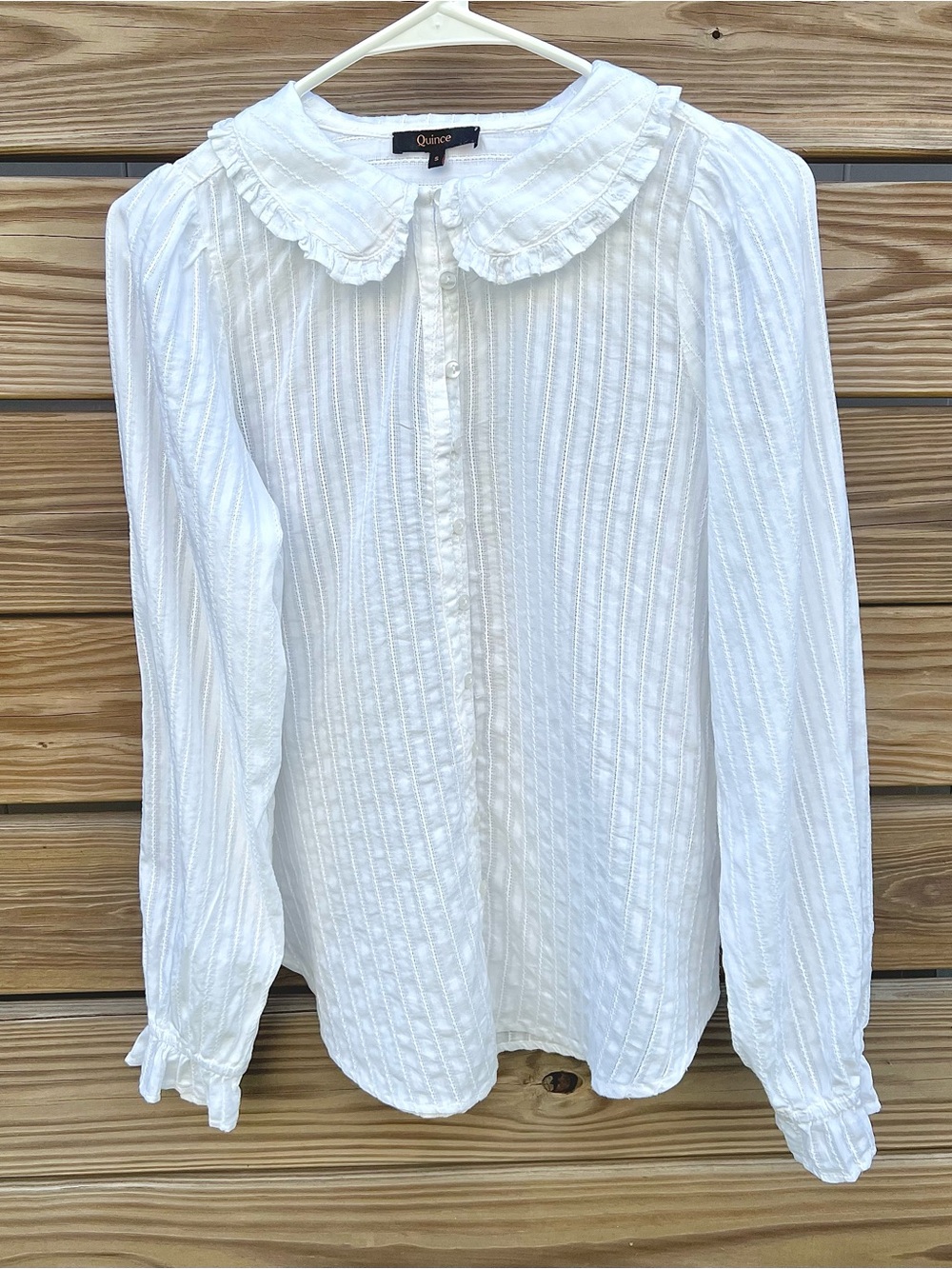 Quince Embroidered White Button-Up Blouse Ruffled Collar 100% Cotton Women’s S